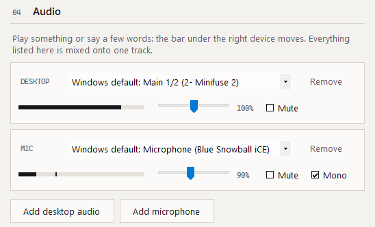 The audio section of the setup window: a desktop audio source and a microphone, each with a level bar, a volume slider, and Mute, with Mono ticked on the microphone.