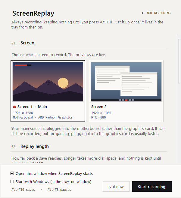 The ScreenReplay setup window. Two screens to choose from, each with a preview and the graphics card it is plugged into, then the replay length, and a Start recording button.